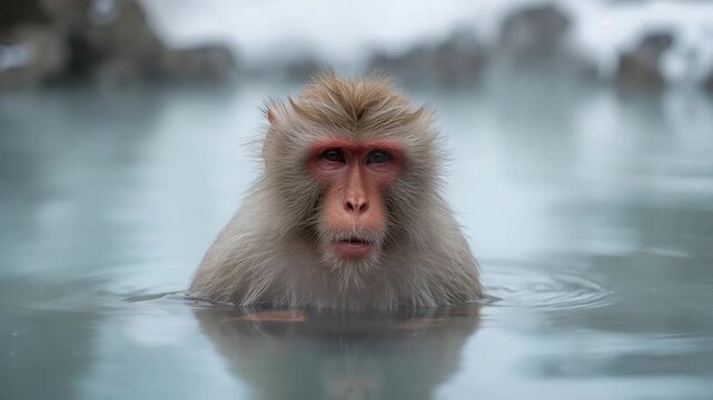 Japanese macaque relaxing in steaming hot spring in snowy landscape