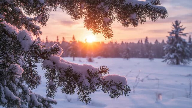 Snow-covered pine branch glowing at sunrise over winter forest