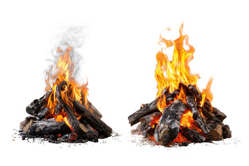 Isolated campfires: one with white smoke and blazing flames, another purely with vibrant isolated on transparent background