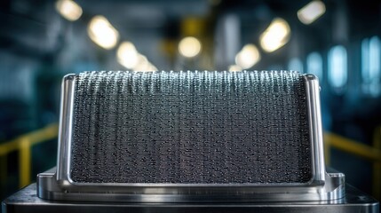 Medium shot of modern plate heat exchanger showing efficient heat transfer through compact design and layered metal plates in industrial setting.