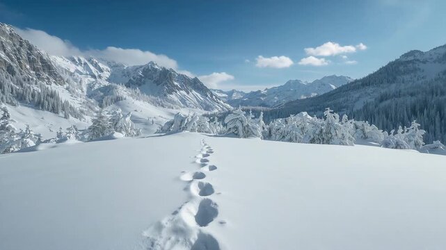 Drone tracking over snowy alpine meadow following footprints toward sunlit mountain valley