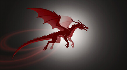 a digital illustration of a red dragon flying in the air. The dragon is in mid-flight, with its wings spread wide and its body facing towards the right side of the image