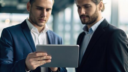 Two businessmen review information on a tablet in a modern office setting, showcasing a collaborative work environment.