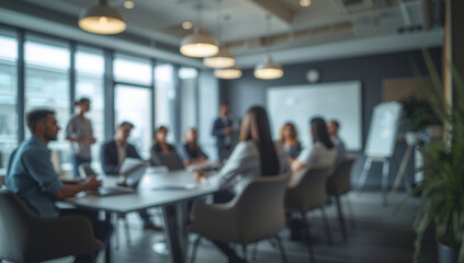 Fototapeta premium Blurred image of business colleagues having a meeting in a modern conference room