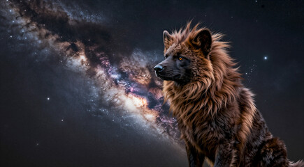 a close-up of a wild dog, specifically a hyena, standing in front of a dark, starry night sky. The hyena is facing towards the right side of the image