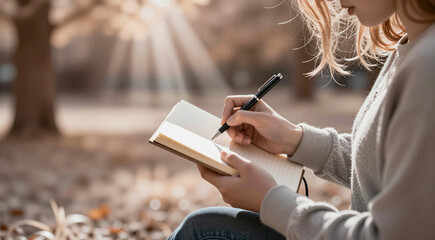 a person sitting on the ground in a wooded area, writing in a notebook with a black pen. The person is wearing a beige sweater and blue jeans. The notebook is open