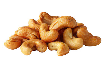 Pile of crunchy roasted and salted cashew nuts, a healthy and delicious snack, isolated for convenience isolated on transparent background