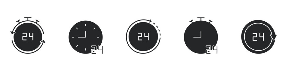 24-Hour Clock And Timer Solid Icon Set. Time Management, Daily Scheduling, And Continuous Operation Silhouette Symbol. Efficient Planning And Productivity Tools. Isolated Vector Illustration