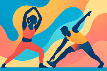 Two people are doing yoga poses in a colorful background