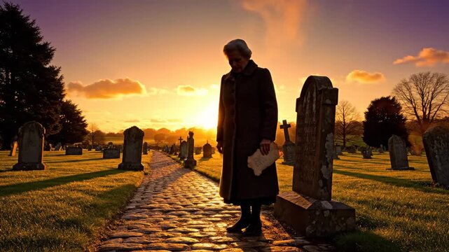 Solemn Elderly Woman Mourning at a Gravestone Lifts Her Head During a Golden Sunset