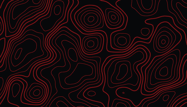 Red topographic map lines on black background abstract