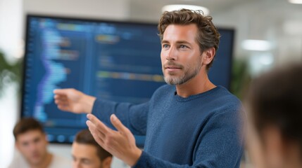 Conference Business Meeting Presentation: CEO Businessman Shows Data to Group of Investors, Businessspeople.
