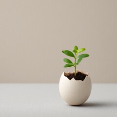 Tiny plant emerging from eggshell in cracked soil indoor setting macro photography minimalist environment