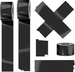 Black electrical tape rolls and strips