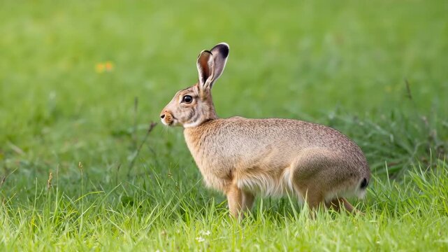 Wild hare standing alert in lush green meadow wildlife and nature scene