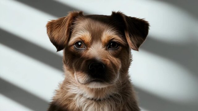 Close-up of small mixed-breed dog sitting in studio light with window blind shadows