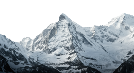 monumental, jagged, snow-covered granite mountain range captured with ultra-wide angle in a hyper-realistic studio setup against brilliant white copy space, extreme challenges concept