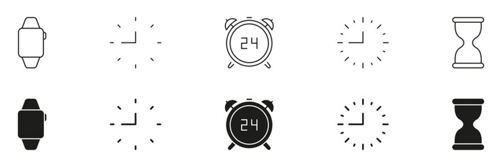 Smartwatch, Clock, Alarm, And Hourglass Icon Set. Time Management, Scheduling, And Countdown Tracking Outline And Silhouette Symbol Collection. Efficient Planning Tools. Isolated Vector Illustration