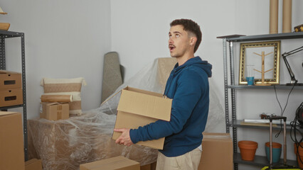 Young hispanic man in living room holding cardboard boxes with unpacked items and pillows around, suggesting a new home or apartment moving experience in a cozy indoor setting.