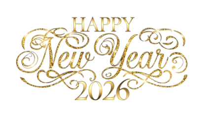 Happy New Year 2026 Golden Glitter Text on  white Background PNG