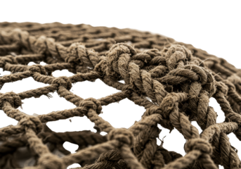 extreme macro of heavy, weathered antique jute fishing net with complex knots, on a stark white background, sharp focus, dramatic raking sepia light. concept of industrial texture and material science