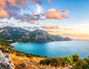 A coastal landscape view features turquoise water, rocky cliffs, green foliage, a sandy beach, and a vibrant sunset