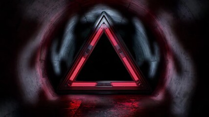 Pulsing neon triangle portal in dark concrete tunnel with moving shadows - Powered by Adobe