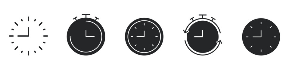 Clock And Stopwatch Solid Icon Set. Time Management, Scheduling, And Countdown Silhouette Symbol Collection. Efficient Planning And Time Tracking. Isolated Vector Illustration