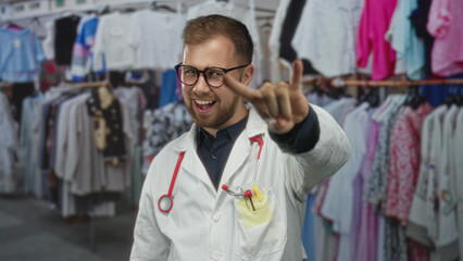 Man doctor wearing lab coat and stethoscope flashing rock horns gesture amid clothing stalls in...