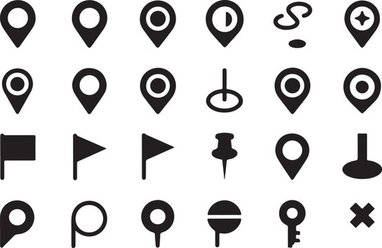 Collection of various map pin and location icons symbols
