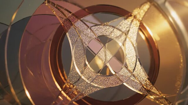 Abstract composition of intertwined metallic rings and circular shapes with warm reflections subtle
