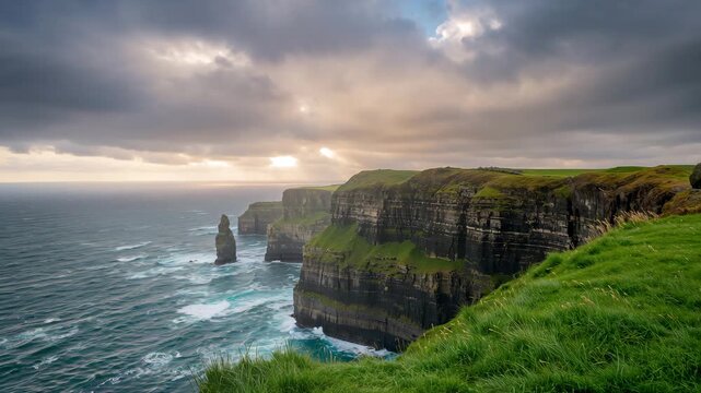 Drone flying along rugged coastal cliffs at sunset with dramatic clouds