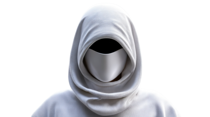 Black illustration of a man wearing a sculpted mask over his face and head, resembling an anatomical human skull for a Halloween or art design