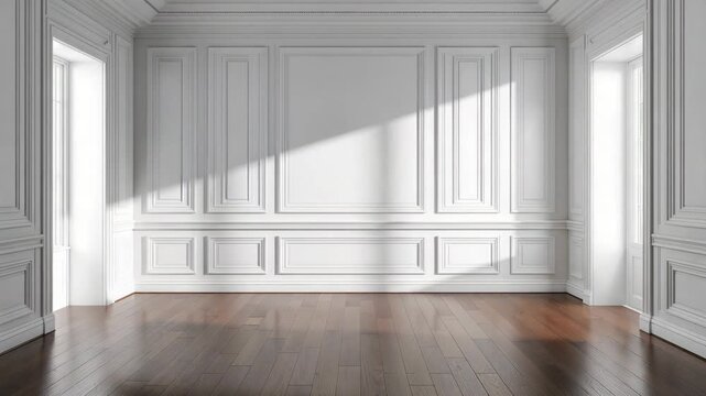 Sunlight sweeping across empty white paneled room with hardwood floor and copy space