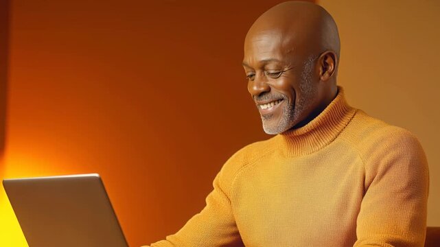 Man uses laptop while smiling in a warm orange studio setting with a casual turtleneck and relaxed posture. The composition includes empty left-area space available for text or design, conveying remot