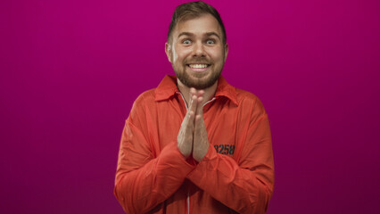 Man prisoner in orange jumpsuit with number clapping hands in studio with magenta backdrop; surprise hope.