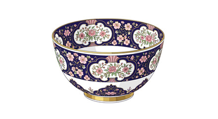 Exquisite floral patterned bowl with navy accents and gold trim showcasing delicate artistry