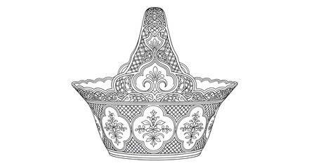 Exquisite black and white floral basket illustration featuring vintage charm and intricate design