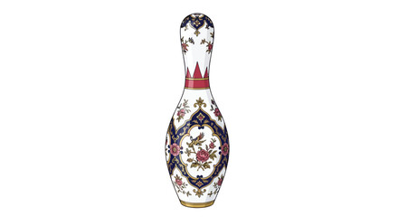 Exquisite floral ceramic bowling pin with intricate ornamental designs and vintage flair