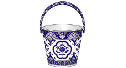 Exquisite Vintage Style Bucket Illustration with Ornate Blue and White Pattern Design