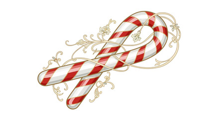 Festive candy canes intertwined with whimsical golden flourishes in a holiday illustration