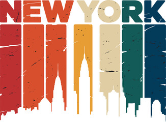 New york city skyline with colorful stripes and text