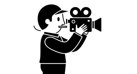 Iconic filmmaker with vintage camera captures cinematic moments in monochrome style