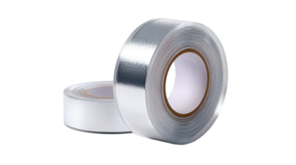 Industrial equipment part is a silver roll of steel metal tape on white isolated background with bearing and nut