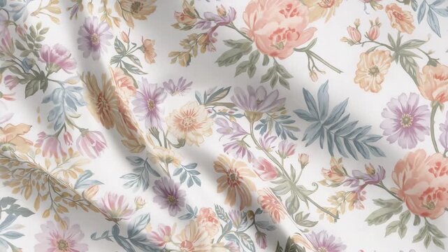 Close-up of beautifully detailed floral fabric featuring soft pastel colors and intricate patterns illuminated by soft natural light with a smooth texture and gentle draping