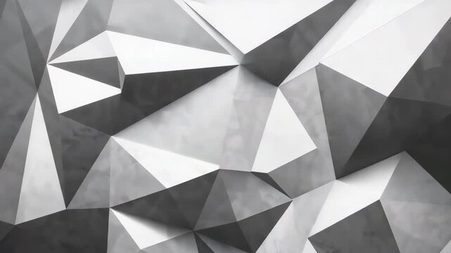 Stylized abstract gray and white angular geometric background with sharply defined facets shifting in light showcasing intricate textures and patterns in a visually engaging composition