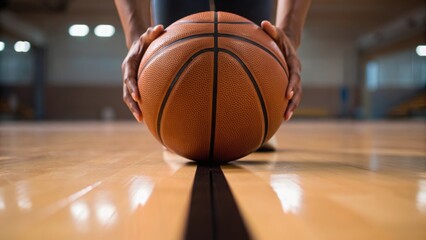 Naklejka premium A close-up view of a basketball held by hands on a polished wooden court, emphasizing the texture and focus on the sport.