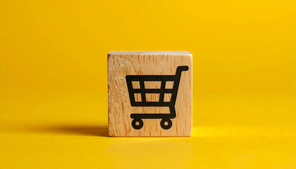 Single wooden block with bold shopping cart icon on yellow background. E-commerce, retail business