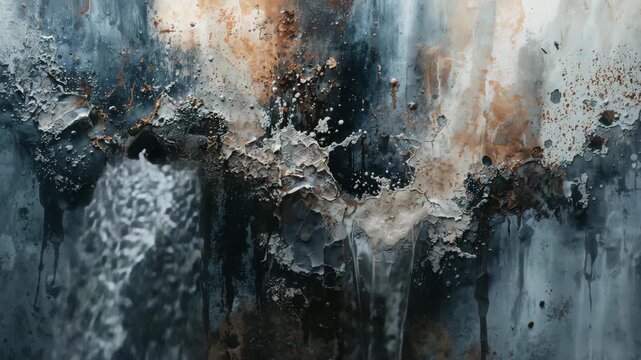 Abstract textured surface of rust and peeling paint with flowing water featuring deep blues rusty oranges and intricate patterns in an industrial environment showcasing a transformation over time.
