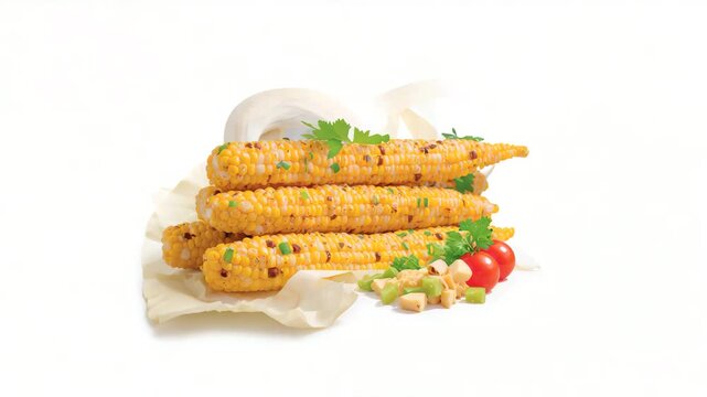 Close-up of vibrant yellow corn on a smooth surface arranged with fresh tomatoes and herbs in a well-lit setting highlighting textures and colors throughout the preparation process.